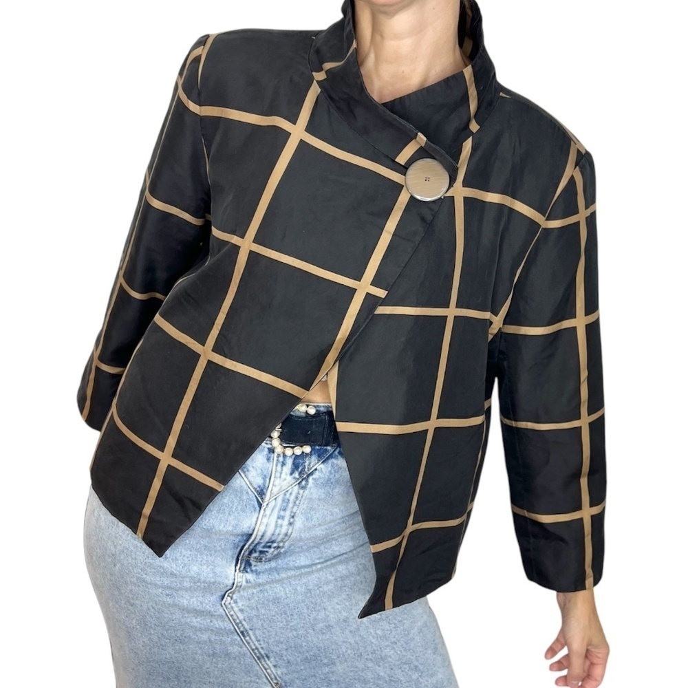 Old money pure silk black tan windowpane mock neck jacket blazer 16 - Picture 2 of 13